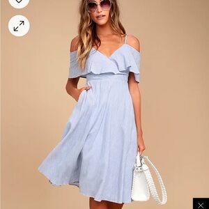 Yacht Rock Blue and White Striped Off-the-Shoulder Midi Dress